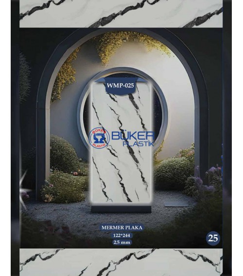 Beyaz Zemin Siyah Damarlı Mermer 122x244cm PVC Panel WMP-025