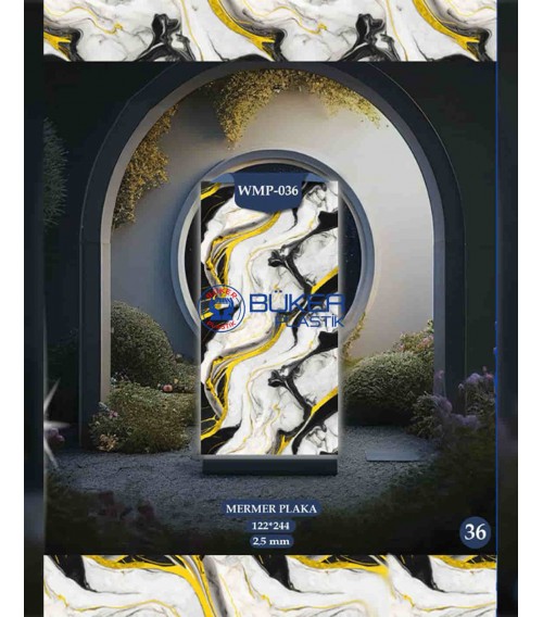 Beyaz Zemin Siyah ve Sarı Damarlı Mermer 122x244cm PVC Panel WMP-036