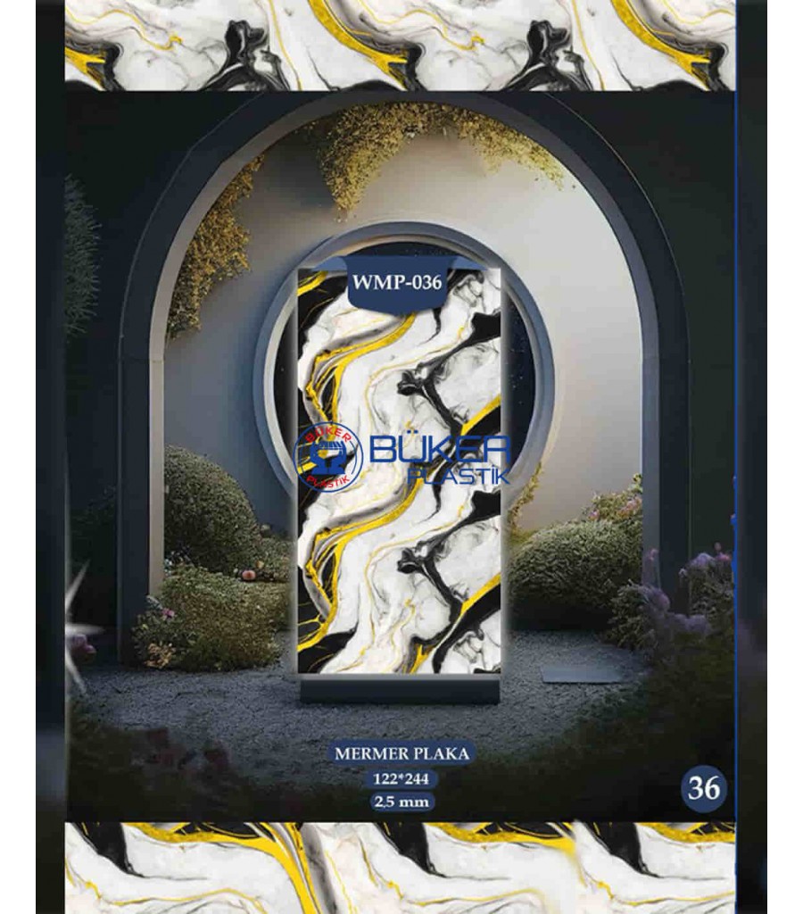 Beyaz Zemin Siyah ve Sarı Damarlı Mermer 122x244cm PVC Panel WMP-036