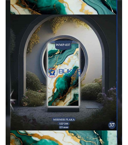 Beyaz-Su Yeşili-Altın Damarlı Mermer 122x244cm PVC Panel WMP-037