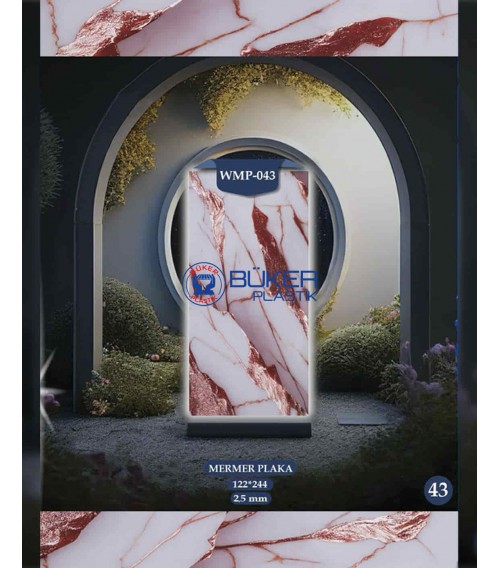 Beyaz Zemin Bakır-Kızıl Damarlı Mermer 122x244cm PVC Panel WMP-043