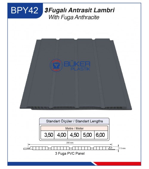 20cm 3 Fugalı Antrasit Tavan ve Duvar Lambiri BPY-42