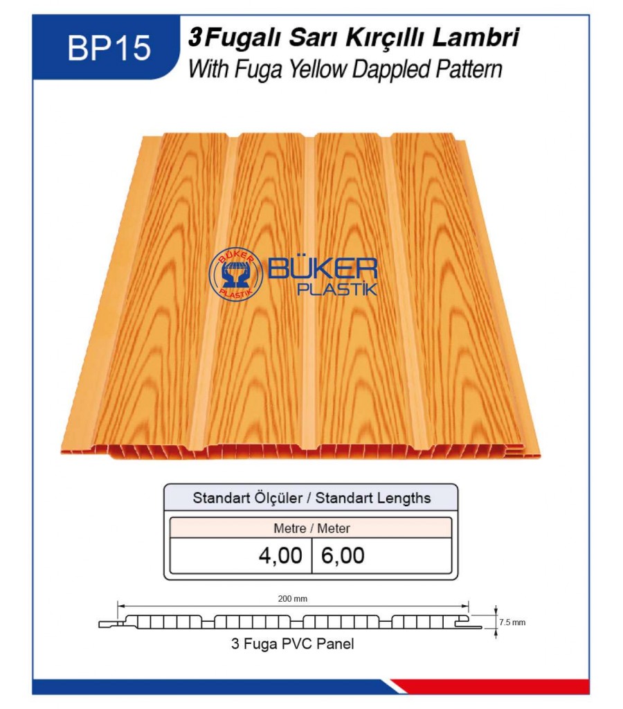 20cm 3 Fugalı Sarı Kırçıllı Tavan ve Duvar Lambiri BP-15